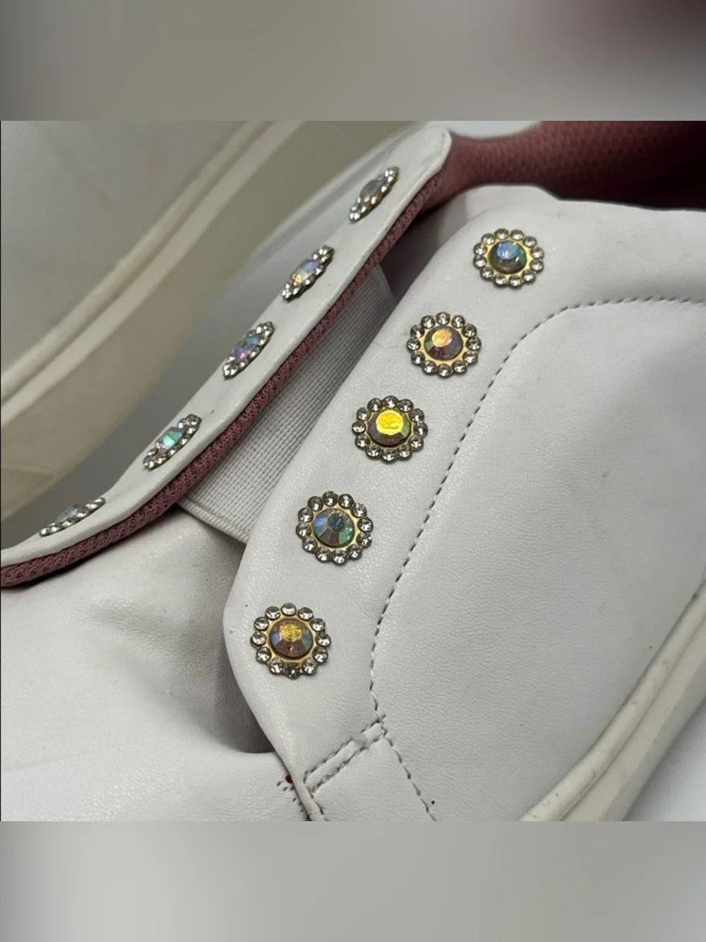 Sincerly Jules White Slip-On Sneakers with Dusty Rose Accents and Crystal Studs